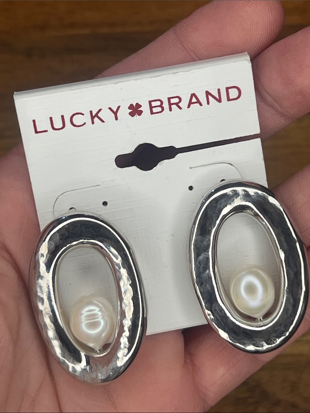 Lucky Brand Silver-Tone Hammered Oval Earrings with Pearlescent Drops